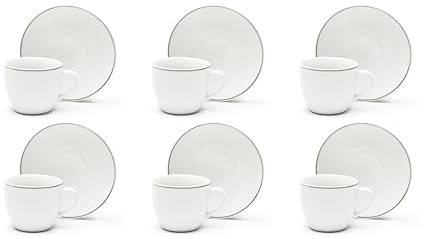 Excelsa Platinum Lot de 6 tasses à café avec soucoupe, porcelaine blanche avec bord argenté