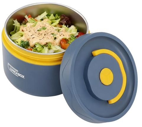 Contenitore Termico per Alimenti, Contenitore per Zuppa a Doppio Strato in Acciaio Inossidabile, Contenitore per Pranzo Rotondo Portatile, Contenitore per Alimenti a Bocca 550ml (Microonde-blu)