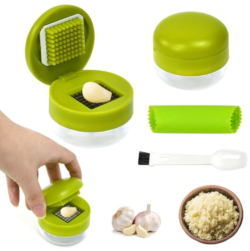 Byfoyif 4 Kits Presse Ail Manuel, Écrase Ail Cuisine avec Outil Éplucheur en Silicone et Brosse 2 en 1, Hachoir à Ail Pressé avec Lame en Acier Inox, Coupe Ail Rapide Lavable, pour Cuisson Restaurant