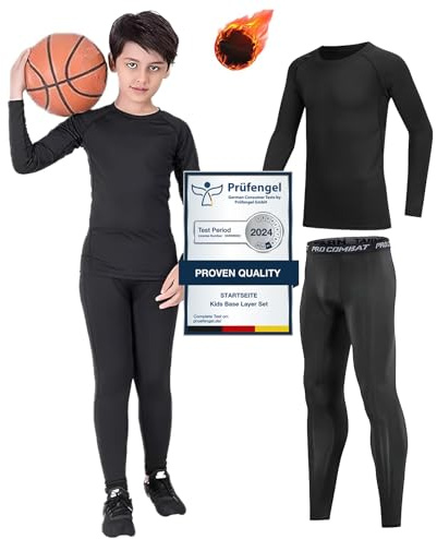 Startseite Kids Base Layer - Athletic Kids Thermal Long Sleeve Top and Leggings Compression Set for Sport Football Basketball Ski （Black, Size 36