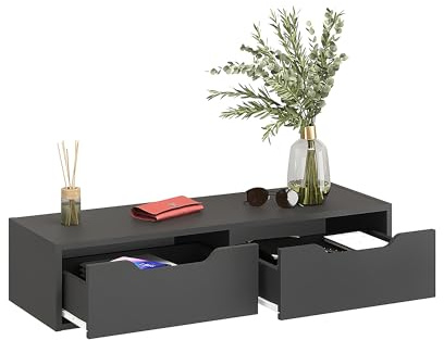 KOMTO Wandregal Anthrazit mit 2 Schubladen – Wandkommode für Schlafzimmer, Garderobe Hängeschrank, Schminktisch Wandmontage, Wandschublade | Nachttisch Hängend NOKA 100 x 32,5 x 22 cm