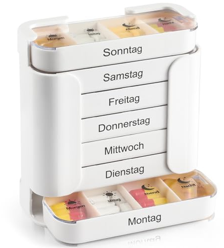 Tablettenbox 7 Tage 4 Fächer Morgens Mittags Abends Nacht - XL Große Kapazität Pillendose 7 Tage für Vitamine & Fischöl - Medikamentendosierer Wochendosierer, Weiß