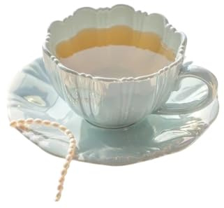 Crepundia Tasse à Café avec Soucoupe, Tasse à café et soucoupe en céramique pétales de perles, tasse rouge, blanche bleue, thé au lait, tasses, verres boisson(Pink)