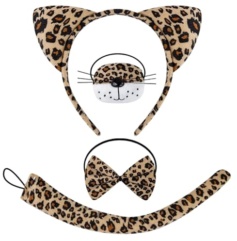 Dazzroi 4Pcs Animal Costume Accessories Set, Funny Cosplay Set Including Furry Ears Headband Nose Tail Bow Tie, Animal Costume for World Book Day Halloween Carnival Party