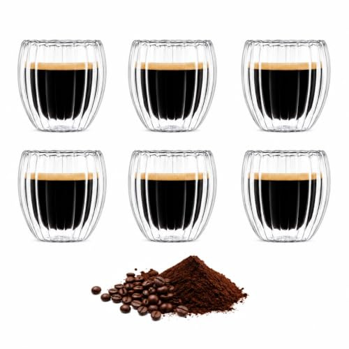 FloraVigo 6 Stück espressotassen, 80 ml doppelwandiger Kaffeebecher mit Löffel, hitzebeständiger Espressobecher, geeignet für Zuhause, Büro und den täglichen Gebrauch.