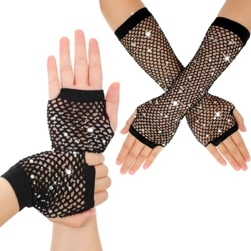 2 Pairs Fishnet Gloves Rhinestone Black Mesh Gloves Fingerless Arm Sleeves