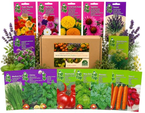 Nojus - Tysk trädgårdsfrökollektion – 15 fröpåsar med ört-, grönsaks- och blomfrön för hemmaträdgårdar, odlingslådor, balkongkrukor och köksträdgårdar