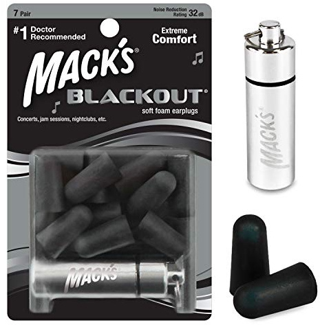 Mack's Blackout Soft Foam Earplugs, 7 Pair with Travel Case - 32 dB Highest NRR, Comfortable Ear Plugs for Concerts, Jam Sessions, Nightclubs, Loud Events and Shooting Sports