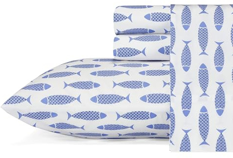 Nautica - Queen Sheets, Cotton Percale Bedding Set, Crisp & Cool, Coastal Bedding Set (Woodblock Fish Blue, Queen)