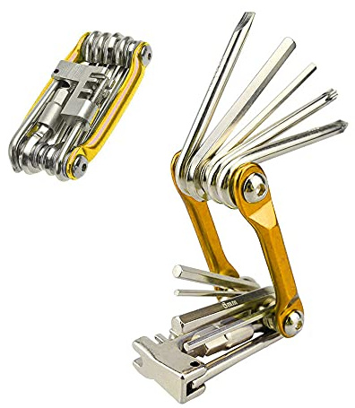 Aiqeer Kit multifonction 11 en 1 pour réparation de vélo, mini outils de réparation et d'entretien de vélos pliants portables (doré)