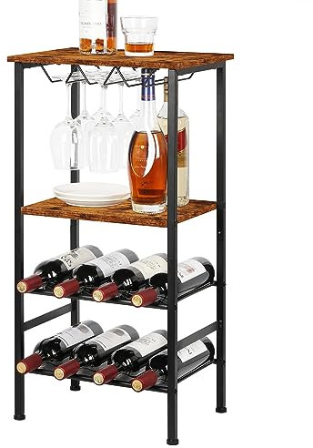YBING Weinregal, Freistehend, Boden-Weinbarregal mit Glashalter und Tischplatte, 8 Flaschen, Holz-Weintische mit Regalen, 4 Etagen, Weinflaschen-Organizer, Präsentationsständer, rustikales Braun