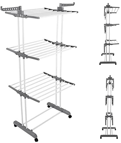 Rainberg Airer Clothes Drying Rack, Extra Large 4-Tier Capacity Foldable Clothes Drying Rack with Wheels, Adjustable Large Stainless Steel Garment Laundry Racks for Indoor Outdoor with Foldable Wings