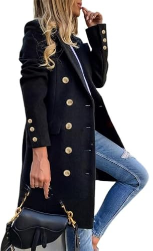 IDEALSANXUN Womens Fall Winter Wool Coats Double Breasted Midi Peacoat Trench Coats(Black, XX-Large)