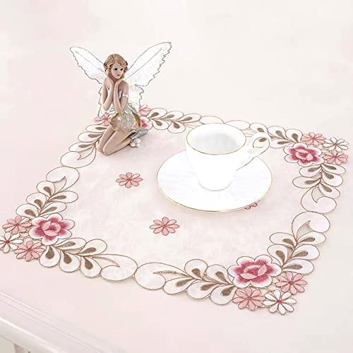 4 Stück Blumenstickerei Tisch Tischset,Durchbrochener Stoff Untersetzer Runden Blumen-Form Matte Tischset Platzsets Deckchen Cup Coasters für Esszimmer Küche Bankett Hochzeit Deko 40x40cm,Rosa