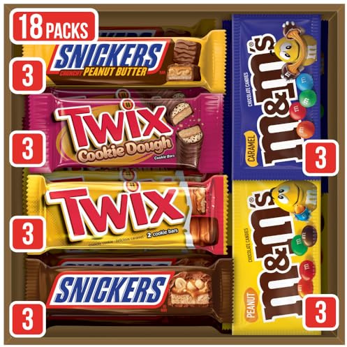 Mars M&M's Peanut, M&M's Caramel, Snickers Original, Peanut Butter Squared, Twix Cookie Dough Variety Pack Full Size Individually Wrapped Milk Chocolate Candy Bars, 18 Ct