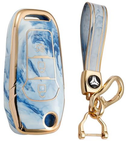 KUNIO Klapp Schlüsselhülle Passt für Ford Fiesta Focus Galaxy Fusion Mondeo C-Max B-Max S-Max Kuga Ecosport TPU Schutzhülle Schlüsselcover Schlüsselanhänger 3 Tasten A Blau