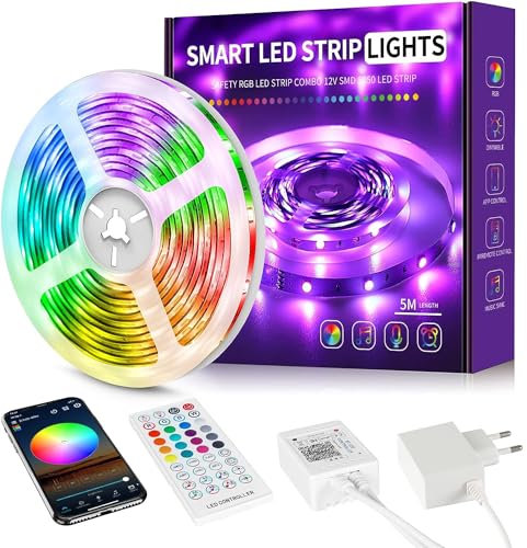 Beaeet Tiras LED 5 Metros RGB 5050(30 leds/m), Luces LED con App y Mando, Sincronización con la Música, Ideal para Luces LED Habitación, Decoración de Fiestas y Navidad(5m*1)
