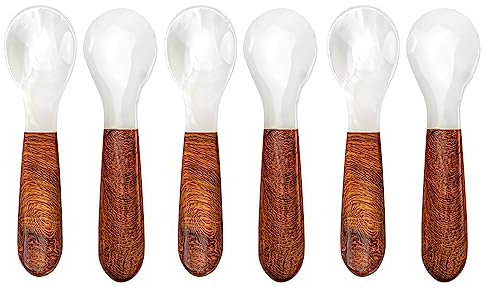 DUEBEL Juego de 6 cucharas de caviar con mango de madera de 12 cm de nácar para servir caviar, servir huevos, catering deroration