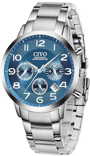 CIVO herrklockor silver kronograf: analog kvarts stor urtavla armbandsur – rostfritt stål vattentät lysande klassiska affärsgåvor för män, blå