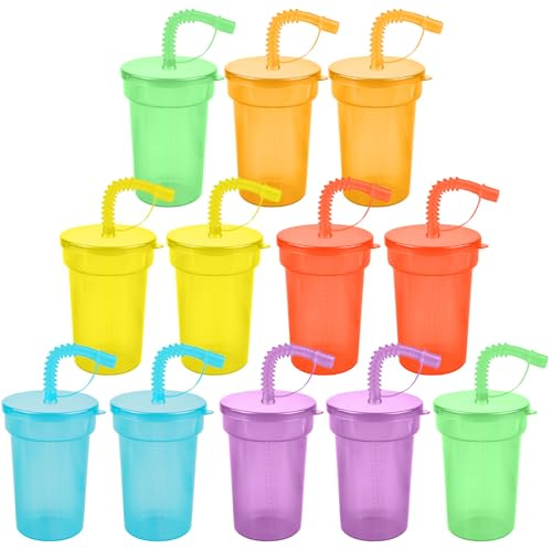GOMETY 12 Stück 380ml Party Becher, Wiederverwendbare Plastikbecher mit Deckel und Strohhalmen Trinkbecher Set Farbwechsel Becher für Kaltes Trinken Smoothie Saft Eiskaffee