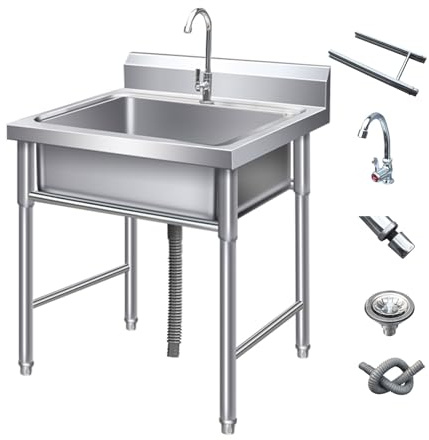 Lavello In Acciaio Inox Autoportante 1 Vasca, Lavandino Commerciale Con Rubinetto, Lavello Da Cucina Professionale Per Cucina, Ristorante, Bar, Caffè, Garage, Interno E Esterno(40x40x80cm/15.7x15.7x31