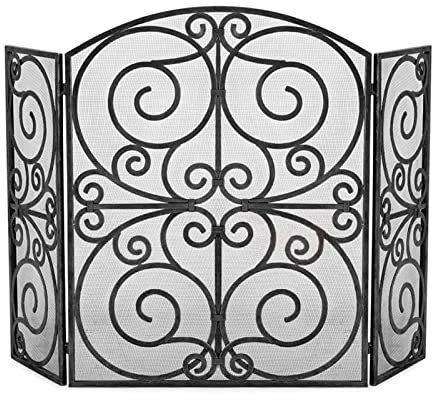 CCKUYT Pare-feu de cheminée Creux sculpté, cloison à Trois Volets avec Maille en Fer forgé, Grille de Protection Contre Les étincelles, décoration de Foyer Domestique