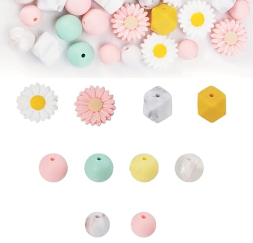 56 Perles en Silicone Motif Fleurs, Perle Pastel en Vrac à Enfiler, Perles Marguerites pour Porte-clés, Création de Bijoux pour Colliers, Bracelets et Broches