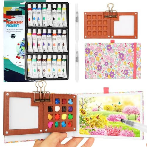 Tobio Mini Watercolour Paint Set Travel, Pocket Watercolour Set with 15 Grids Wooden Palette, 24 Colours, 2 Brushes, Metal Clip & Sketchbook for Artists, Beginners & Travel Sketchers