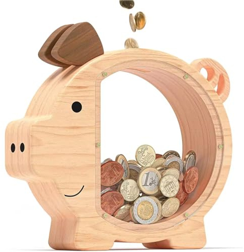 Fhlprte Holzspardose, Schwein Spardose, 9.84x1.57x8.85in Kreative Sparbüchse, Unzerbrechlich,geeignet zur Aufbewahrung von Banknoten und Münzen, Sparschweinen Geschenken und Dekorationsartikeln