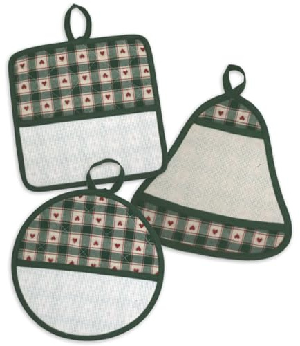 Set da 3 Pezzi di presine natalizie da cucina da ricamare a punto croce, Presine Natale con Tela Aida, Tre pezzi di Presine scozzese a forma: Tonda, Quadrata, Campana (Verde scuro)