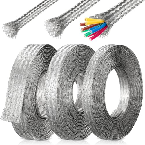 LEIFIDE 3 rotoli di guaina in rame stagnato per cavi in treccia, flessibile, in metallo, a rete piatta, espandibile, per cavi (0,6 cm, 1,6 cm, 1,3 cm, 1,27 cm, larghezza 9 m in totale)