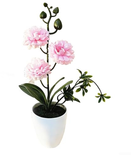 Planta artificial de crisantemo de tres bolas pequeñas en maceta, decoración floral de plástico realista para el hogar, oficina o escritorio, 27 x 13 cm, rojo/rosa/morado/rojo rosa/amarillo (rosa)