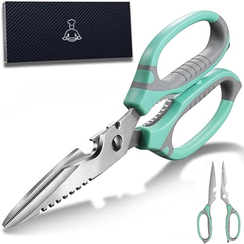 Kitchen Scissors UK, 9-Inch Heavy Duty Multipurpose Food Cutting Shears, Detachable Dishwasher Safe, Sharp Serrated Blade, Ergonomic Non-Slip Handle for Food, Meat, Herbs (Green)