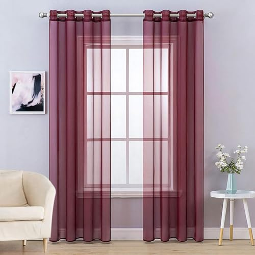 MIULEE Gardinen Voile Vorhänge mit Ösen 2er Rot 140x225cm | Transparente leichte Voile Vorhänge mit Metall Ösen, lichtdurchlässig, modern elegant für Wohn- und Schlafzimmer