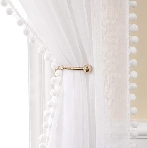 MIULEE Cortinas con Pompones-Transparente Cortinas Salon Blancas con Detalle 2 Piezas (2X140 x 145cm), Cortinas Dormitorio para Juvenil Niñas Habitacion, Visillos Translucidas Salon con Ollaos