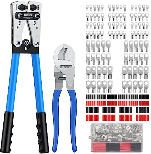 Proster Battery Cable Crimping Tool Kit - Battery Lug Crimper with Cable Cutter 100 PCS AWG 10 8 6 4 (SC6-6-SC25-8) Copper Wire Lugs Battery Cable Ends Crimp Wire Connector Ring Terminals
