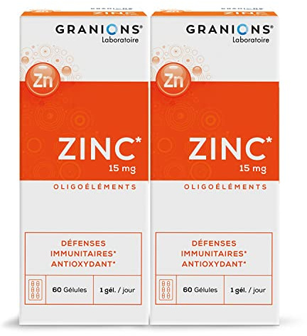 Zinc - Granions Défenses Immunitaires - Antioxydant - 15mg - Lot de 2 | Renforce le système immunitaire, maintien d'une peau et cheveux normaux, 60 gélules, Marque francaise