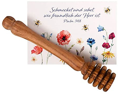 Honiglöffel aus Holz handgefertigt Olivenholz | Geschenkset mit Karte und Tasche Psalm 34.8