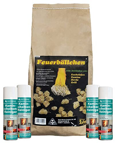 HOTREGA Kaminscheibenreiniger 4x 300ml | Selbsttägiger Kaminglasreiniger | Löst Ruß, Rauchharz & Fett selbsttätig | inkl. 2,5kg Feueranzünder