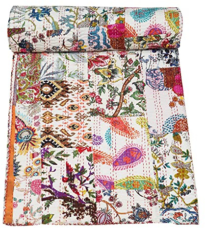 Marubhumi Quilts Indian Handmade Indian Traditional Blankets, Reversible, Paisley Print Vintage Kantha Quilt, Comforter, Pure Cotton Patchwork, Multicolor - Queen 90 x 108 Inches