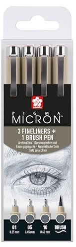 SAKURA Pigma Micron Fineliner Set - Cool Gray - 4 Größen - 01, 05, 10, Pinsel - Professionelle Qualität - schnell trocknend, wasserfest, auslaufsicher