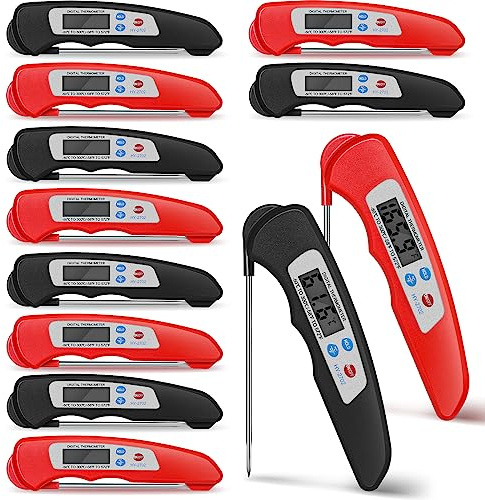 Xuhal 12 Pcs Digital Meat Thermometer with Probe Waterproof Instant Read Foldable Food Thermometer with Magnet for Kitchen Grilling Cooking Turkey Baking BBQ(Black, Red)