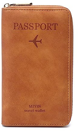Reisepasshülle für Damen und Herren, RFID-blockierende Reisebrieftasche, Reisepasshalter, Kartenfächer, Dokumenten-Organizer, Handgelenkschlaufe, Braun Gelb