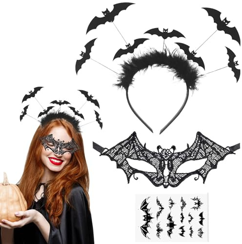 KOIROI Halloween Haarreif Set, Fledermaus Haarreif, Vampir Haarreifen mit Augenmaske Fledermaus+Fledermaus Tattoos, Fledermaus Haarband für Halloween Karneval Fasching Kostüm Accessoire