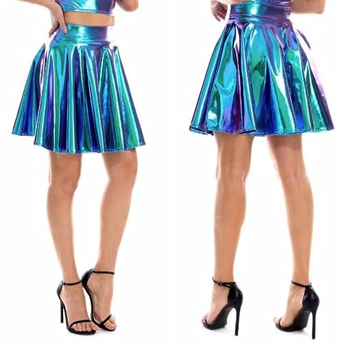 SamHeng Women Ladies PU Leather Mini Skirt Sexy High Waist Shiny Metallic Skirt for Party Cocktail Dress Performance Costume-Blue
