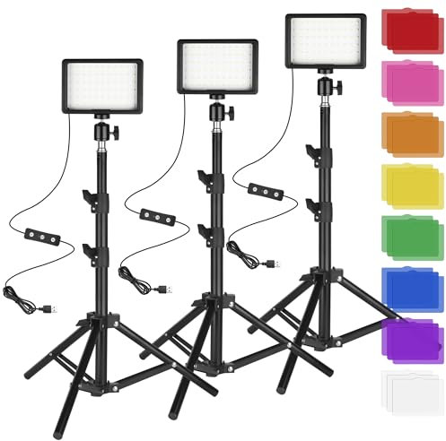 LED Photo Video Light 3-Pack, Ci-Fotto Dimmable 5600K USB LED Continuous Light Photography Light with Tripods and Color Filters for Photo Studios, YouTube, TikTok, Video Recording, Game Streaming