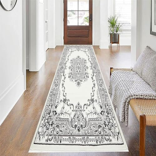 YANHONG Handwebteppich Läufer Teppich 40 x 390 cm rutschfest Pflegeleicht rutschfest Teppichläufer für Wohnzimmer, mit Anti-Rutsch Unterseite für Esszimmer, Küche, läufer Flur, Weiß
