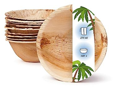 onlyleaf Palmware - umweltfreundliches Einweggeschirr aus Palmblättern I 100 Stück Palmblatt Schale rund 275ml Ø13,5cm I Salat-Schüssel Dipschalen Suppenschale Servierschale Snackschale