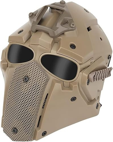 Neueste Helm-Airsoft-Gesichtsmaske, Kapuze, Paintball-Schutzbrille/Maske, schützende Vollgesichtsmaske mit Seitenschienen und NVG-Halterung, TAN, 22 x 16 x 29 cm, 22 x 16 x 29 cm