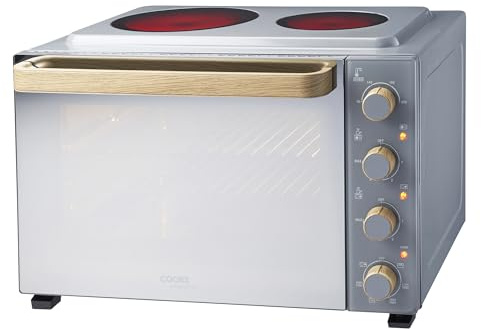 Cooks Professional Mini Portable Oven with Ceramic Hobs | Energy Efficient Electric Countertop Cooker with Two Hot Plates & Wire Rack Baking Tray | Kitchen Grill Ovens | 48L Capacity | Grey Nordic